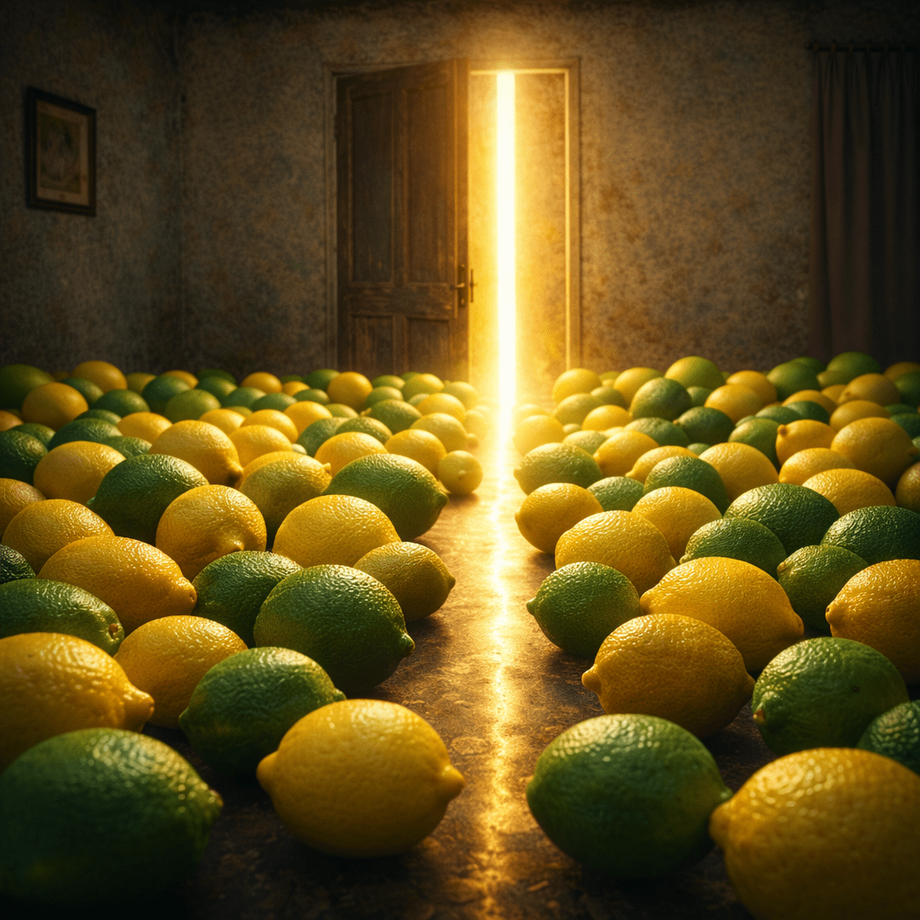 Room with numerous yellow lemons and green limes covering the floor and sunlight streaming through an open door