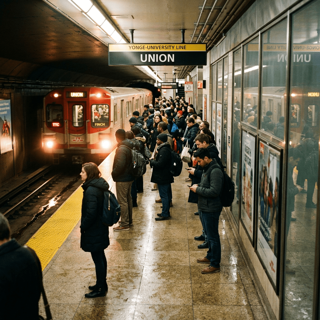 Crowd waiting on subway platform for arriving train at Union station