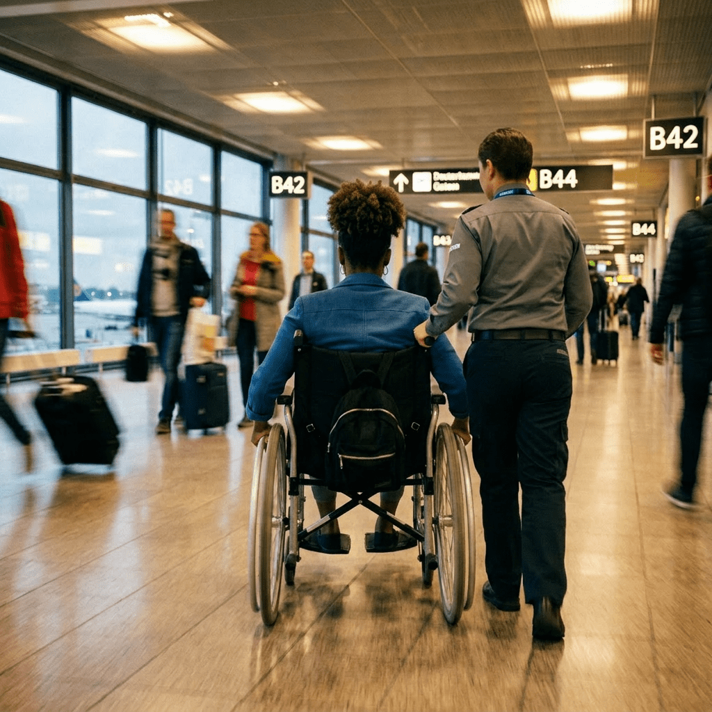 Person in wheelchair moving through airport terminal with other travelers and gate signs B42 and B44