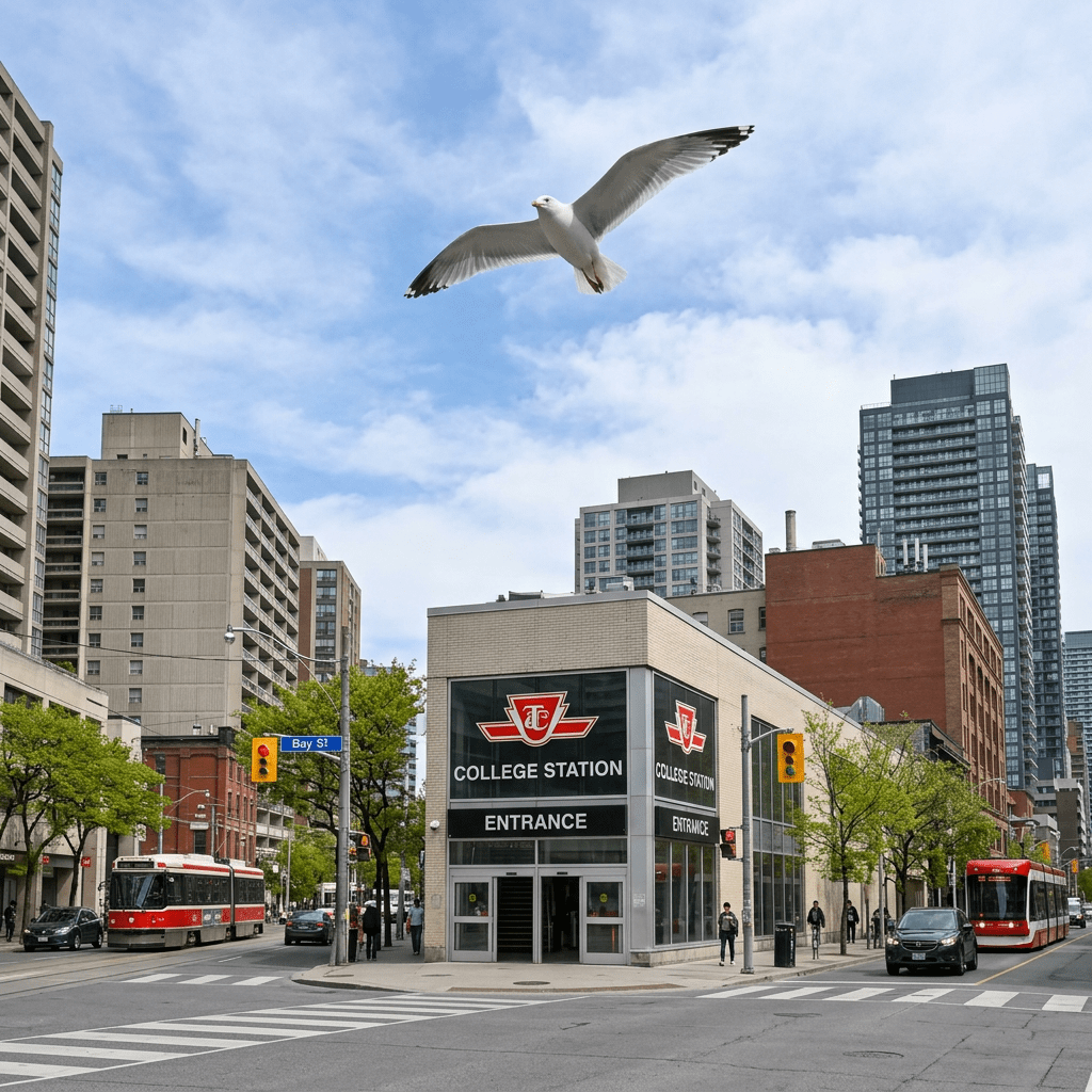 Seagull flying above College Station TTC entrance with streetcars and buildings