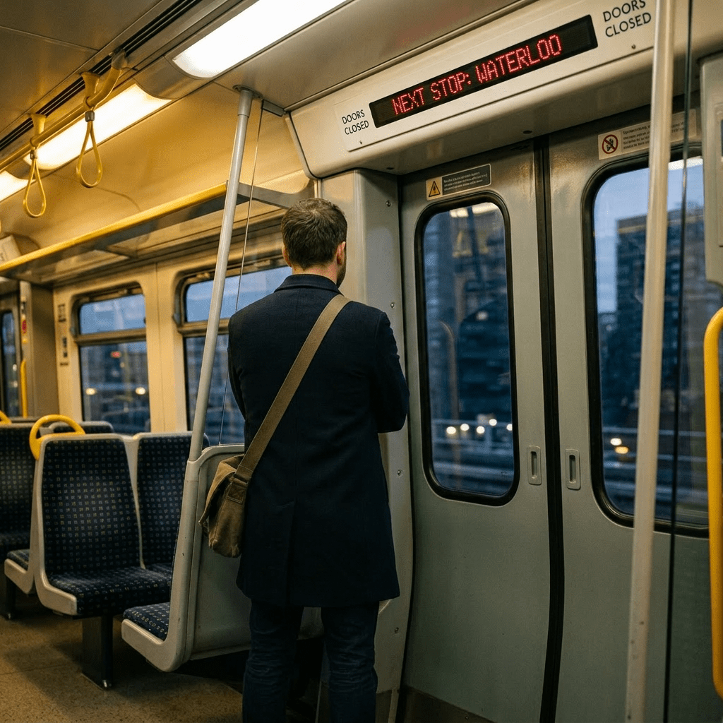 Man standing inside a train with 'Next stop: Waterloo' sign above doors
