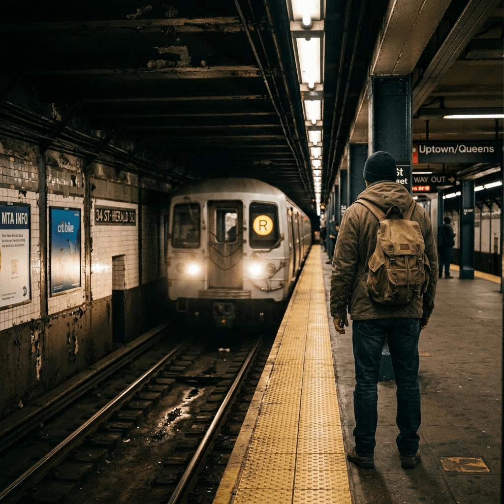 Man standing on subway platform waiting for incoming R train at 34th Street-Herald Square station